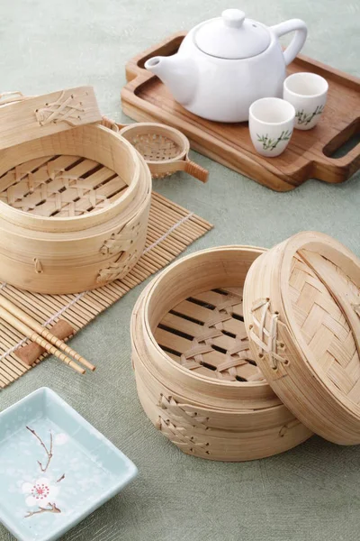 chinese tea set on wooden table