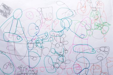 Bekasi, Endonezya, 14 Kasım 2023, Çocuk kitabı karalamaları şirin ve sanatsal obje şekilleriyle, çeşitli renklerle 