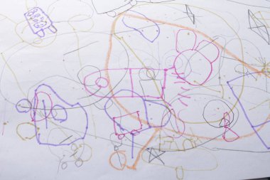 Bekasi, Endonezya, 14 Kasım 2023, Çocuk kitabı karalamaları şirin ve sanatsal obje şekilleriyle, çeşitli renklerle 