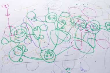 Bekasi, Endonezya, 14 Kasım 2023, Çocuk kitabı karalamaları şirin ve sanatsal obje şekilleriyle, çeşitli renklerle 