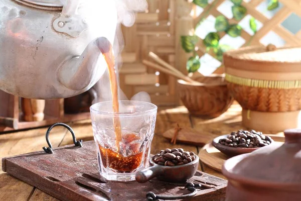 Xícara Chá Com Bebida Quente Fundo Madeira — Fotografia de Stock