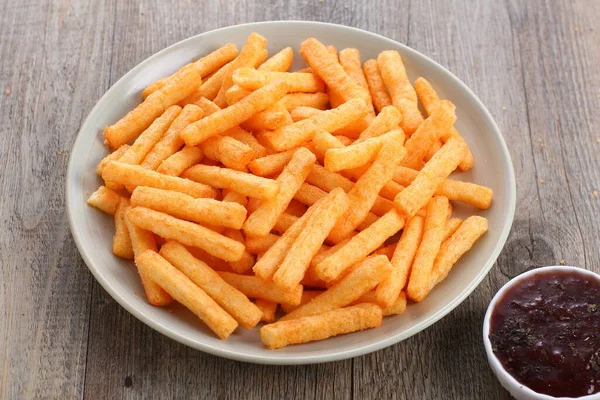 Bowl Tasty Sweet Potato Chips Table — Stock Photo, Image