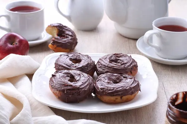 Plate Chocolate Donuts Cup Tea — Stock Photo, Image