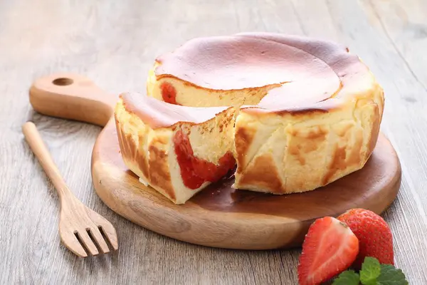 Homemade Crepes Fresh Strawberries Wooden Table — Stock Photo, Image