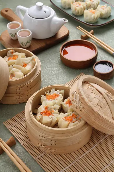 Chinese Food Steamed Dumplings Vegetables Spices Asian Cuisine Top View — Stock Photo, Image
