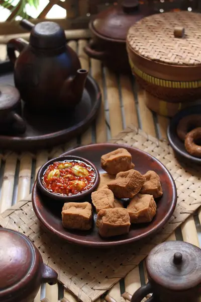 Savory Delicious Fried Tofu Served Garlic Chili Sauce Petai — Stock Photo, Image