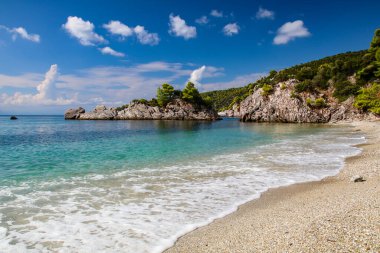 skopelos, beautiful beach with blue sky. skopelos. azure sea and sandy beach