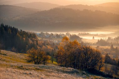 Autumn morning fog in the mountains. Autumn panorama of the Polish Beskid Mountains. Autumn landscapes in Poland. Travel photography. Wall decorations