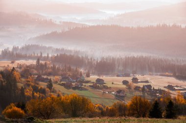 Autumn morning fog in the mountains. Autumn panorama of the Polish Beskid Mountains. Autumn landscapes in Poland. Travel photography. Wall decorations