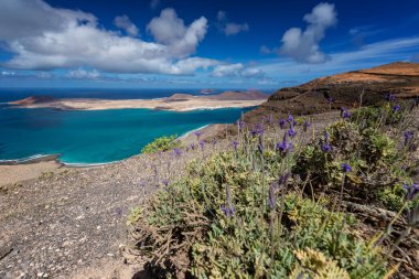 Lanzarote, volkanik ada, Atlantik okyanusu manzarası, İspanyol adaları, kanarya adaları manzarası, doğa arka planı.