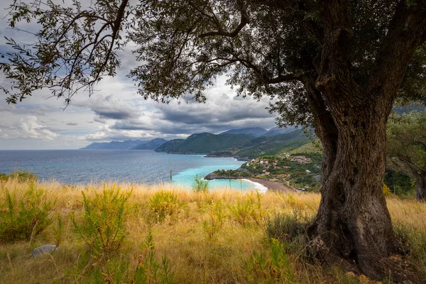 希腊埃维亚岛海岸的风景和阳光普照的大海与高山美景 横向框架 — 图库照片