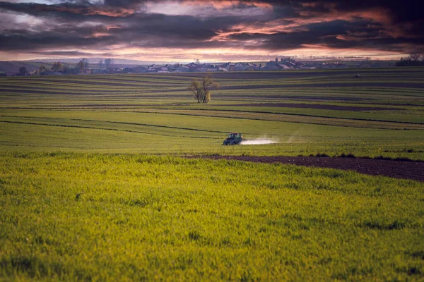 Faixas Primavera Verde Marrom Terras Agrícolas Polônia Trabalho Primavera Agricultores — Fotografia de Stock