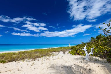 Varadero 'da güneşli bir günde güzel kumlu bir sahil. Küba 'da okyanus manzarası. Yaz egzotik tatili