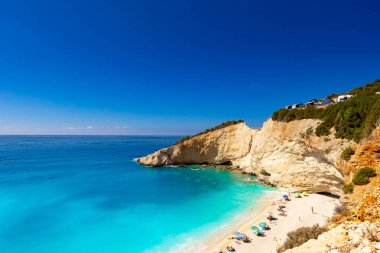 Yunan İyon adasındaki harika yaz tatili manzarası Lefkada, kartpostal ya da seyahat duvar kağıdı, tasarımınız için arka plan