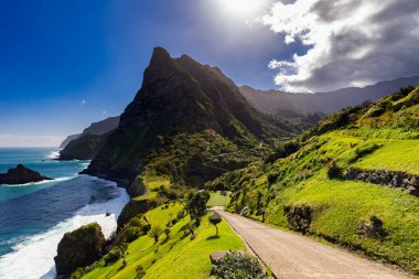 Madeira 'da (Miradouro de So Cristovo) güneşli bir günde yeşil çimlerle kaplı bir tepenin dalgalarıyla kayalık sahili ve mavi Atlantik okyanusunu görmek 