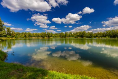 Mavi gökyüzünün altında beyaz bulutlu huzurlu bir manzara, Kobiernice, Silezya, Polonya