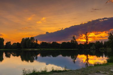 Altın gökyüzünü ve siluetli ağaçları yansıtan sakin bir gölün üzerinde gün batımı, Kobiernice, Silezya, Polonya
