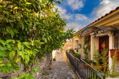 Yunanistan 'ın Lezbiyen Adası' ndaki Molivos köyünde büyüleyici bir kaldırım taşı caddesi.