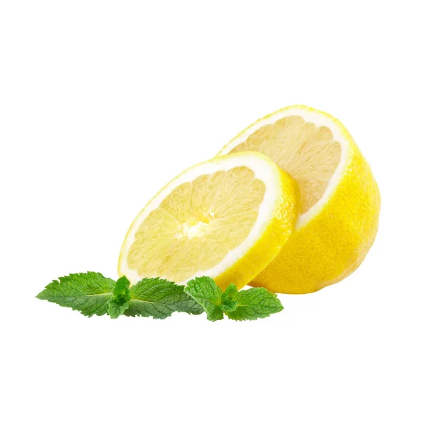 Zitronenfrucht Mit Hälfte Und Blättern Isoliert Auf Weißem Hintergrund — Stockfoto