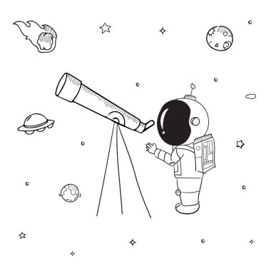 Düz çizgi film tarzında astronotlar. İnsan, insan uzay adamı. El çizimi vektör illüstrasyonu
