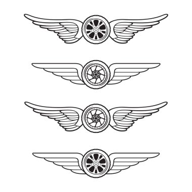 Yarış kulübü amblemi tasarlamak için beyaz arkaplanda izole edilmiş kanatlara sahip tekerlekler