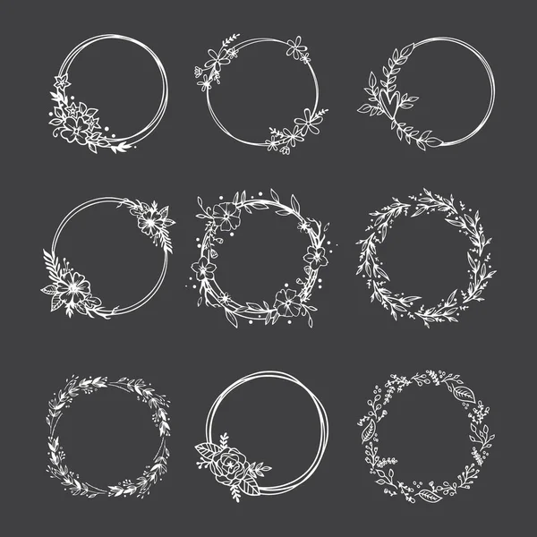 Botanischer Kreisrahmen Handgezeichnete Runde Linienbänder Blätter Und Blumen Hochzeitseinladungen Und — Stockvektor