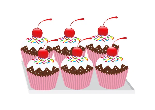 Ensemble Gâteaux Sucrés Bonbons Chocolat Cupcakes Cerise Fraises Sur Fond — Image vectorielle