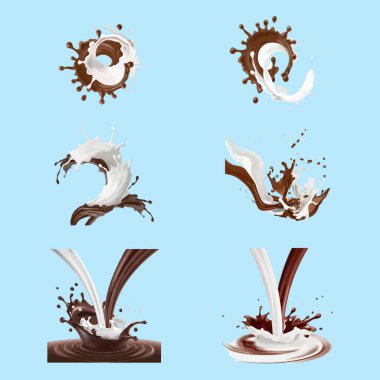 3 boyutlu illüstrasyonlar, erimiş siyah çikolata ve süt damlaları, sıcak kahve ve süt akışının dinamik sıçramaları. Paketleme ve reklam için yazdır, şablon, tasarım ögesi