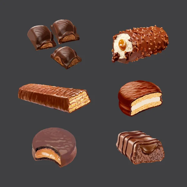 Ensemble Illustrations Vectorielles Desserts Chocolat Réalistes — Image vectorielle