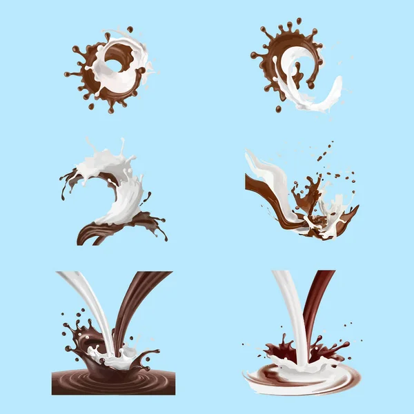 Set Vectoriel Illustrations Éclaboussures Gouttes Chocolat Noir Fondu Lait Éclaboussures — Image vectorielle