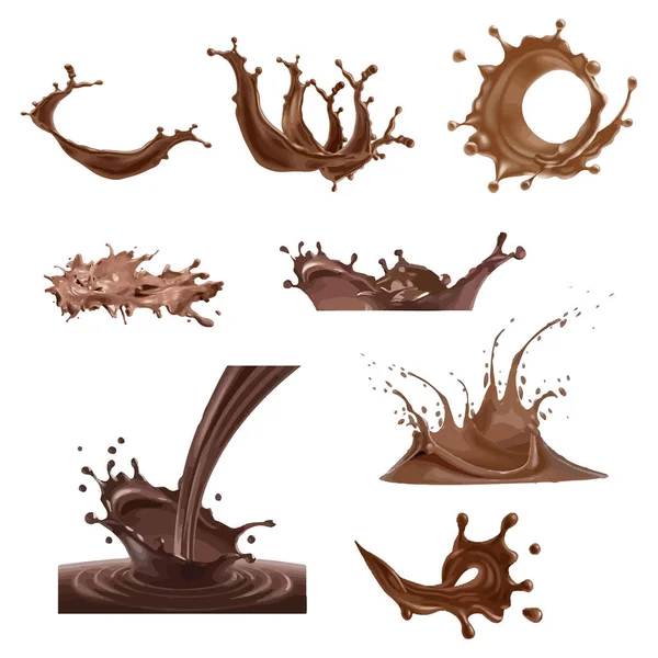 Állítsa Vektor Illusztrációk Fröccsenések Csepp Olvadt Étcsokoládé Dinamikus Fröccsenő Csokoládé — Stock Vector