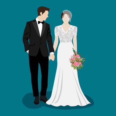 Beautiful young bride and groom couple holding hands on wedding day vector illustration clipart