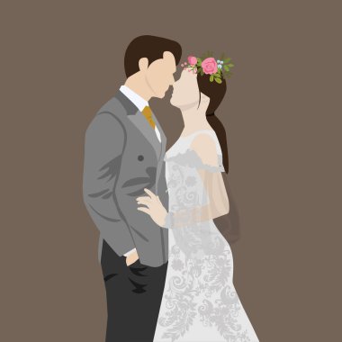 Beautiful young bride and groom couple holding hands on wedding day vector illustration clipart