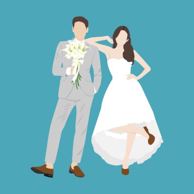 Düğün Günü Vektör İllüstrasyonunda Gelin ve Damat