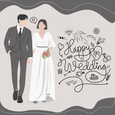 Beautiful young bride and groom couple holding hands on wedding day vector illustration clipart