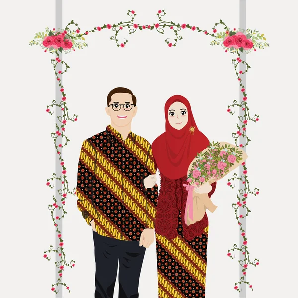 Novia Musulmana Novio Usan Kebaya Batik Vector Ilustración — Vector de stock