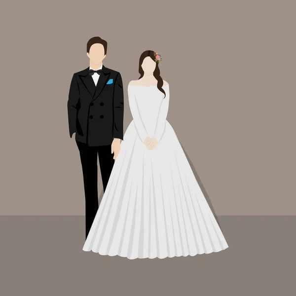 美丽的年轻新娘和新郎夫妇牵手在婚礼当天矢量插图 — 图库矢量图片
