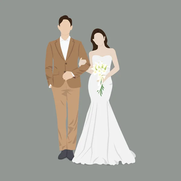 美丽的年轻新娘和新郎夫妇牵手在婚礼当天矢量插图 — 图库矢量图片