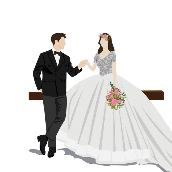 美しい若い花嫁と新郎のカップルは 結婚式の日に手を保持するベクトルイラスト — ストックベクタ