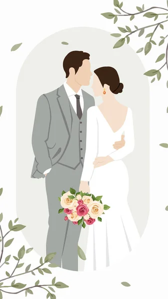 かわいいカップル花嫁と新郎の漫画のベクトルイラストと結婚式の招待カード — ストックベクタ