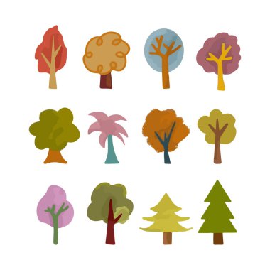 Renkli Şirin Ağaçlar. El çizimi Vektör İllüstrasyonu 