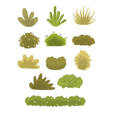 Şirin Çim seti. El çizimi karikatür bitkileri. Şekillendirilmiş şirin çalılar. Vektör çizimi. Beyaz arka planda izole doğal elementler