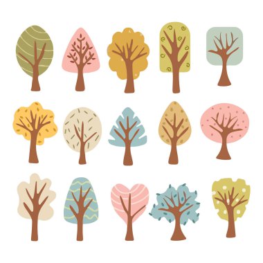 Renkli Şirin Ağaçlar. El çizimi Vektör İllüstrasyonu 