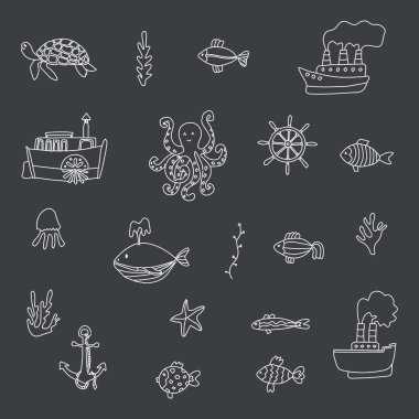 Deniz yaşamı el çizimi vektör çizimi çizimleri