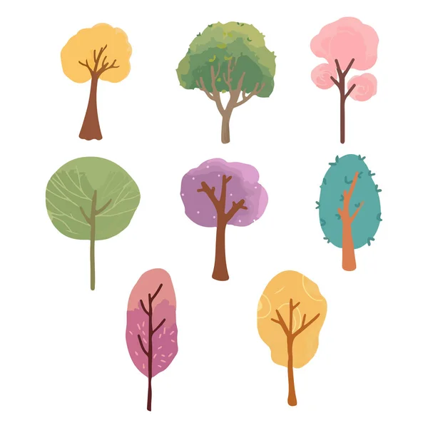 Set Von Bunten Niedlichen Bäumen Handgezeichnete Vektorillustration — Stockvektor