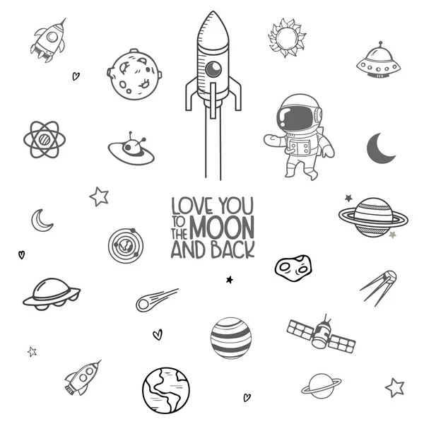 Doodles Conjunto Desenhos Animados Objetos Espaciais Símbolos Isolados Fundo Branco — Vetor de Stock