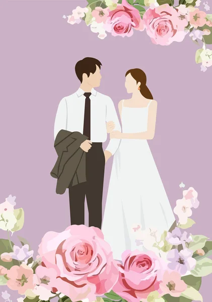Schöne Junge Brautpaar Händchen Haltend Hochzeitstag Vektor Illustration — Stockvektor