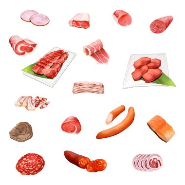 Çizgi film et çizimi vektör illüstrasyonu. Beyaz zemin üzerine kurulu yüksek protein gıdaları.