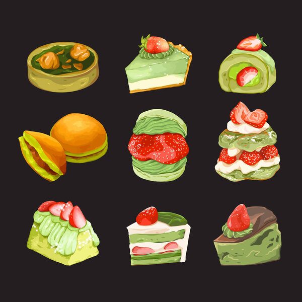 Green Matcha Desserts Cake Vector Set Vector Illustration