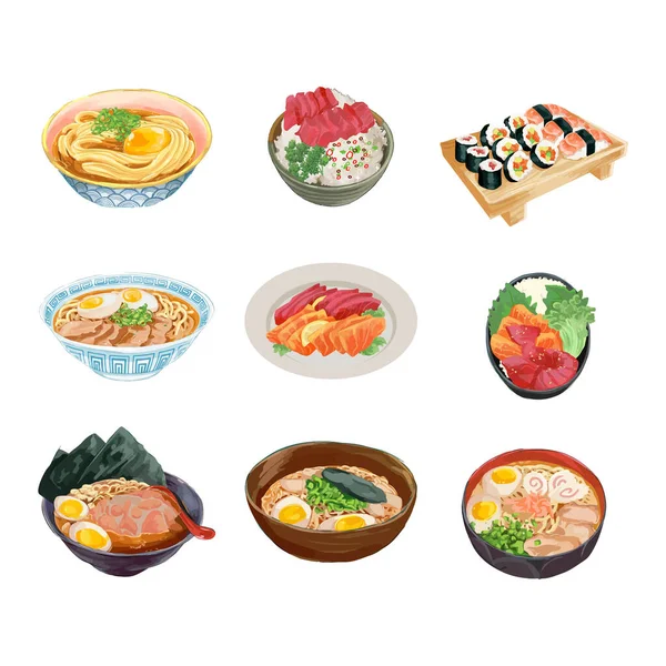 Conjunto Watercolor Japonês Food Vector Ilustração — Vetor de Stock